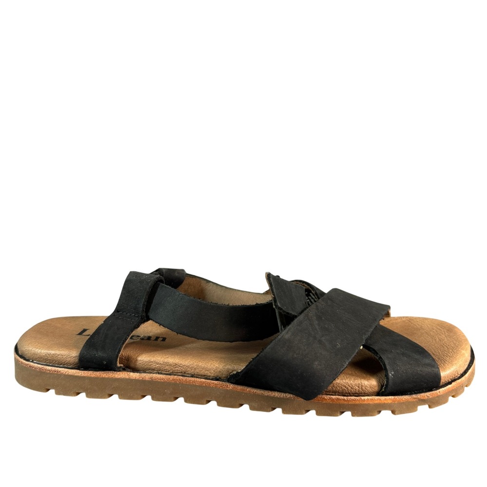 LL Bean Womens Black Leather Crisscross Strappy Buckle Sandals Flat Footbed